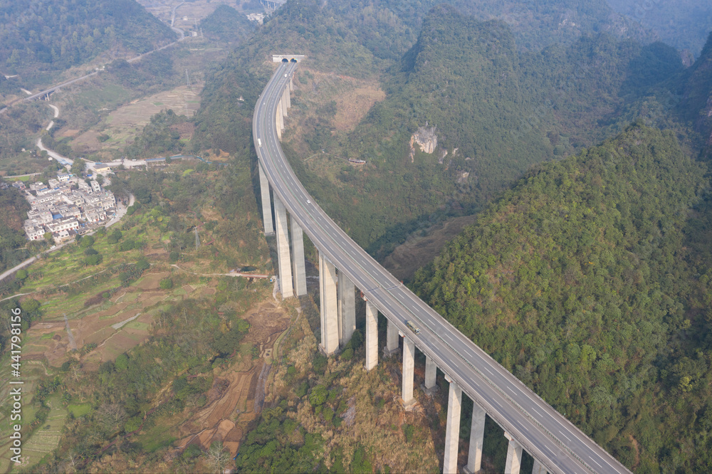 Aerial landscape of highway viaduct in mountainous area of China