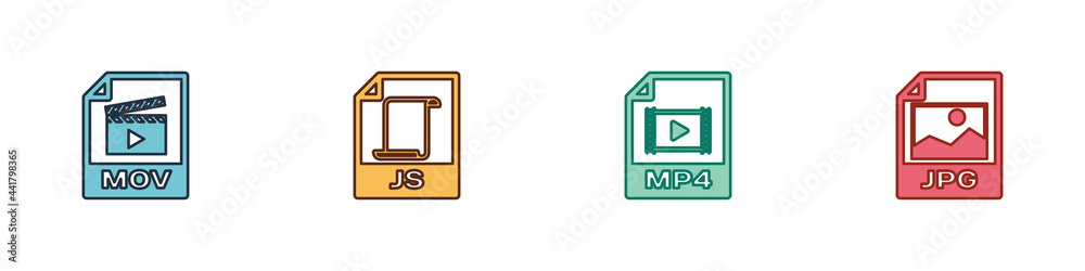 Set MOV file document, JS, MP4 and JPG icon. Vector
