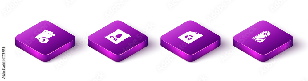 Set Isometric Lightning with trash can, Oil barrel, Eco fuel canister and nature leaf and battery icon. Vector Set Isometric Lightning with trash can, Oil barrel, Eco fuel canister and nature leaf and battery icon. Vector