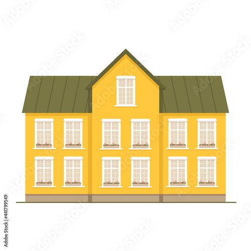 Beautiful, cozy, large two-story house with triangular roof, isolated on white background. Flowers on the windows. Urban architecture. Suburban real estate, housing. Vector illustration in flat style
