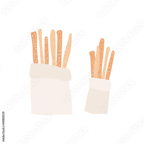 Breadsticks in craft paper package. Tasty baked food. Crispy sesame sticks. Isolated element.
