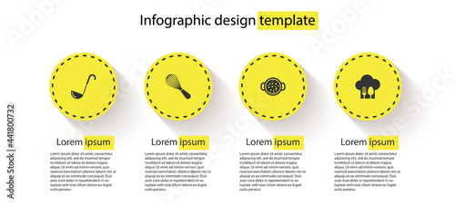 Set Kitchen ladle, whisk, Cooking soup in pot and Chef hat with fork and spoon. Business infographic template. Vector