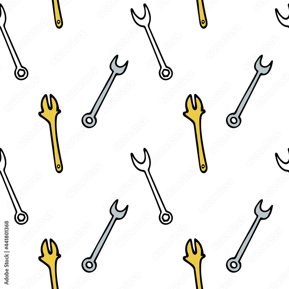 Seamless pattern with repair tools: adjustable wrench, spanner wrench. Design for wallpaper and wrapping, fabric and textile.