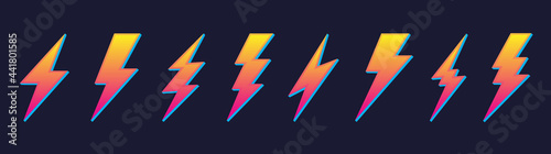 Creative yellow electric thunder bolt lightning flash icons set vector. Isolated colored design symbols on dark background. Vector thunderbolt signs. Abstract concept danger and voltage illustration.