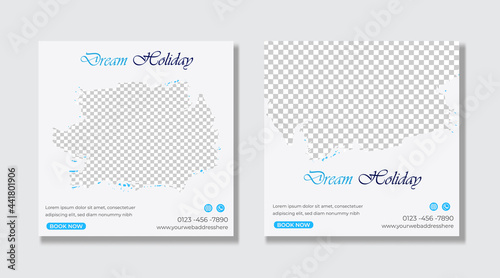 Travel and vacation square social media banner post design template. Editable Modern Template. Discount Promo Template.