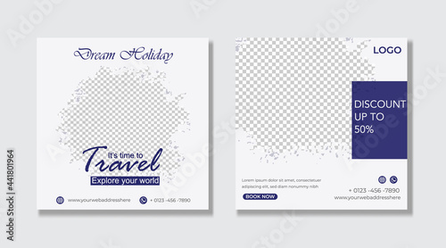 Travel and vacation square social media banner post design template. Editable Modern Template. Discount Promo Template.