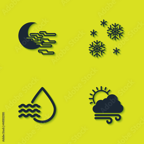 Set Fog and moon, Windy weather, Water drop percentage and Snow icon. Vector