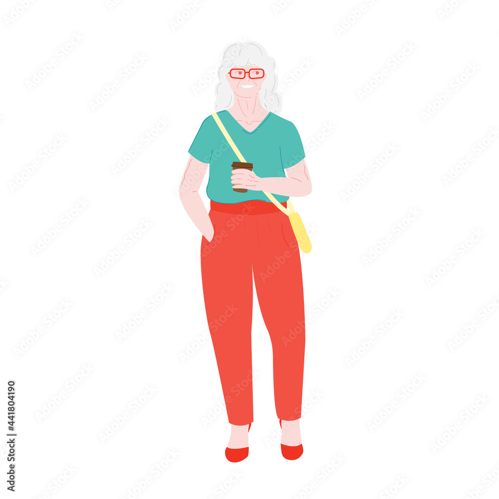 old woman senior . grandmother and pensioner. elderly gray haired active beautiful granny. granny on a walk with a cup of coffee. body positive gray hair and glasses. isolated on white. old woman senior . grandmother and pensioner. elderly gray haired active beautiful granny. granny on a walk with a cup of coffee. body positive gray hair and glasses. isolated on white.