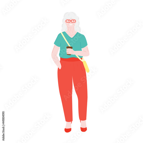 old woman senior . grandmother and  pensioner. elderly gray haired active beautiful granny. granny on a walk with a cup of coffee. body positive gray hair and glasses. isolated on white.