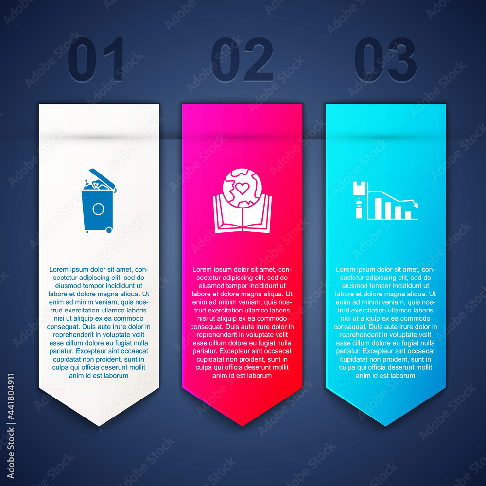 Set Trash can, Earth globe and book and Ecology infographic. Business infographic template. Vector