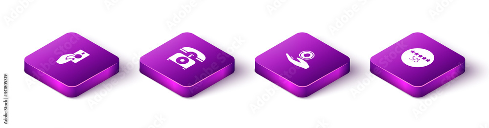 Set Isometric Hand holding money, Telephone, coin and Consumer or customer product rating icon. Vector Set Isometric Hand holding money, Telephone, coin and Consumer or customer product rating icon. Vector