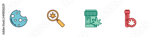 Set Cookies with marijuana, Magnifying glass and, Medical bottle and Chemical test tube icon. Vector