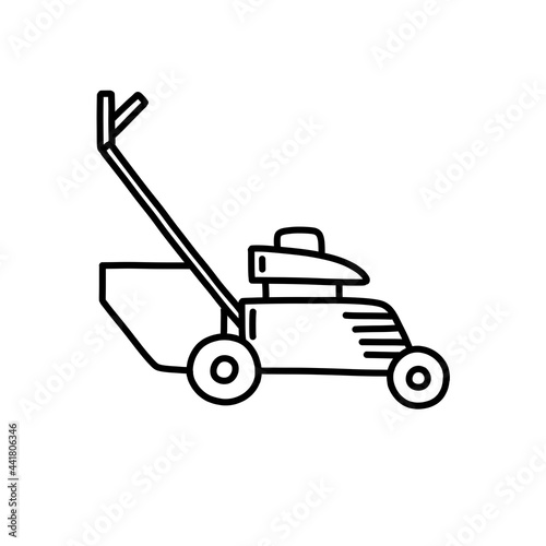 lawn mower doodle icon, vector color line illustration