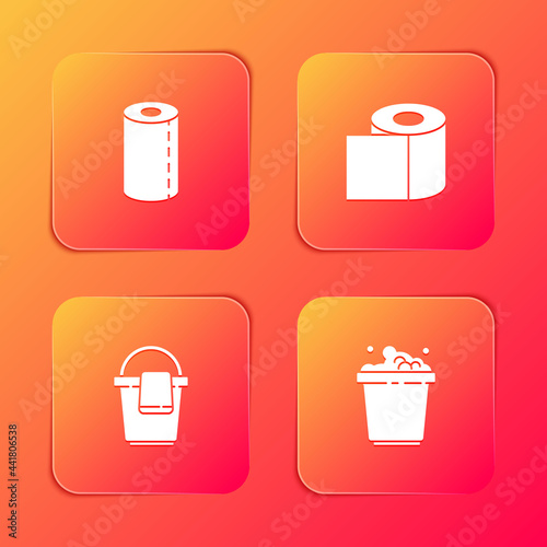 Set Paper towel roll, Toilet paper, Bucket with rag and soap suds icon. Vector