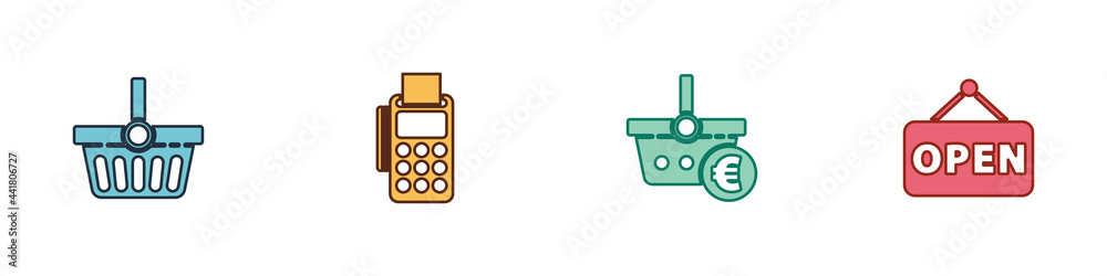 Set Shopping basket, POS terminal with credit card, and euro and Hanging sign Open icon. Vector Set Shopping basket, POS terminal with credit card, and euro and Hanging sign Open icon. Vector