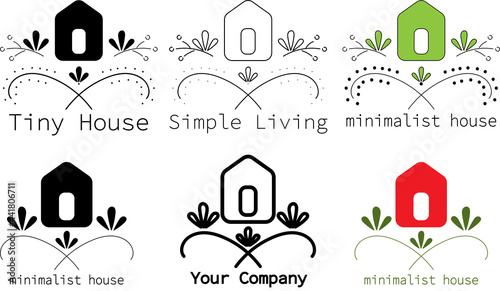 Set of tiny minimalist eco wooden house in nature with plants and flowers. Vector logo and icon for web, company corporate design. 