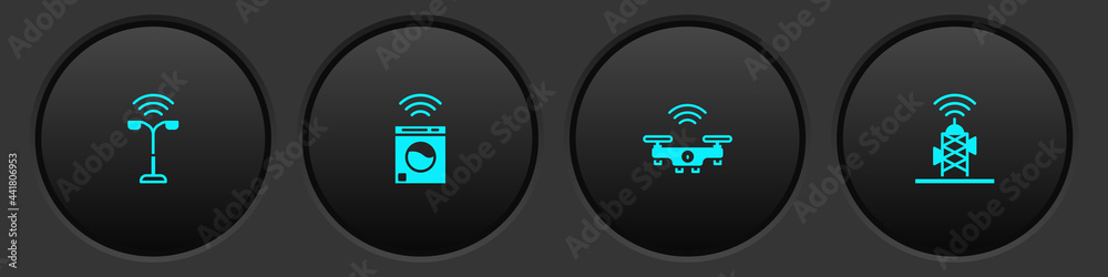 Set Smart street light, washer, drone and Wireless antenna icon. Vector Set Smart street light, washer, drone and Wireless antenna icon. Vector