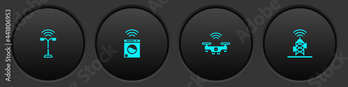 Set Smart street light, washer, drone and Wireless antenna icon. Vector