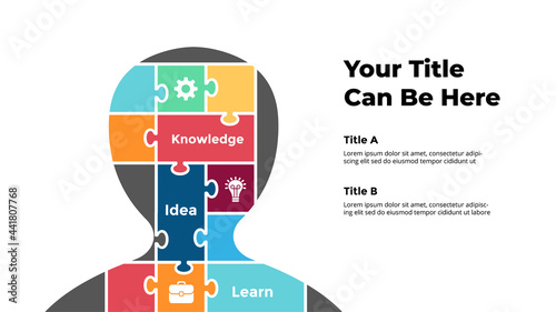 Human head puzzle infographic. Generating new ideas. Educational concept. Vector slide template. Creative thinking illustration. Artificial intelligence.