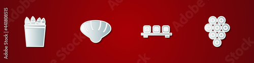 Set Fishing bucket with fishes, Scallop sea shell, Sushi on cutting board and Caviar icon. Vector