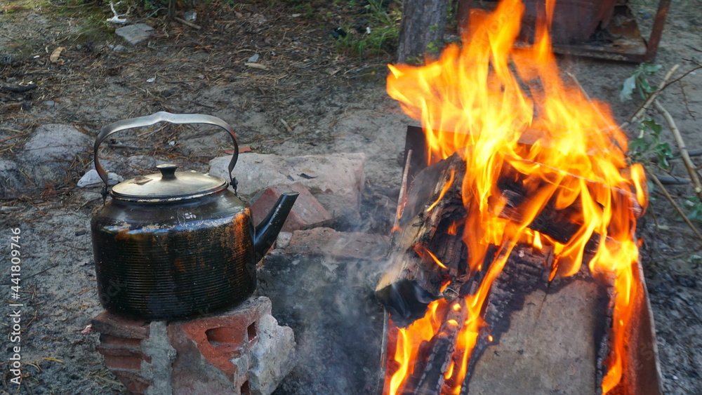 outdoor recreation in the forest by the campfire black kettle bonfire burning wood fire forest camping outdoor recreation in the forest by the campfire black kettle bonfire burning wood fire forest camping