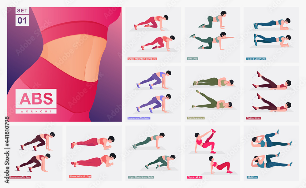 Abs Workout Set. Women doing fitness and yoga exercises. Lunges, Pushups, Squats, Dumbbell rows, Burpees, Side planks, Situps, Glute bridge, Leg Raise, Russian Twist, Side Crunch .etc	
