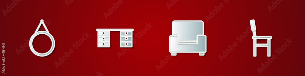 Set Mirror, Office desk, Armchair and Chair icon. Vector