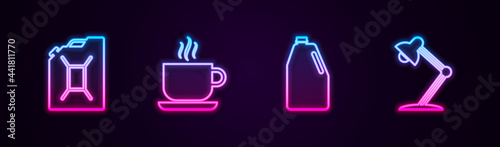 Set line Canister for gasoline, Coffee cup, Household chemicals bottle and Table lamp. Glowing neon icon. Vector