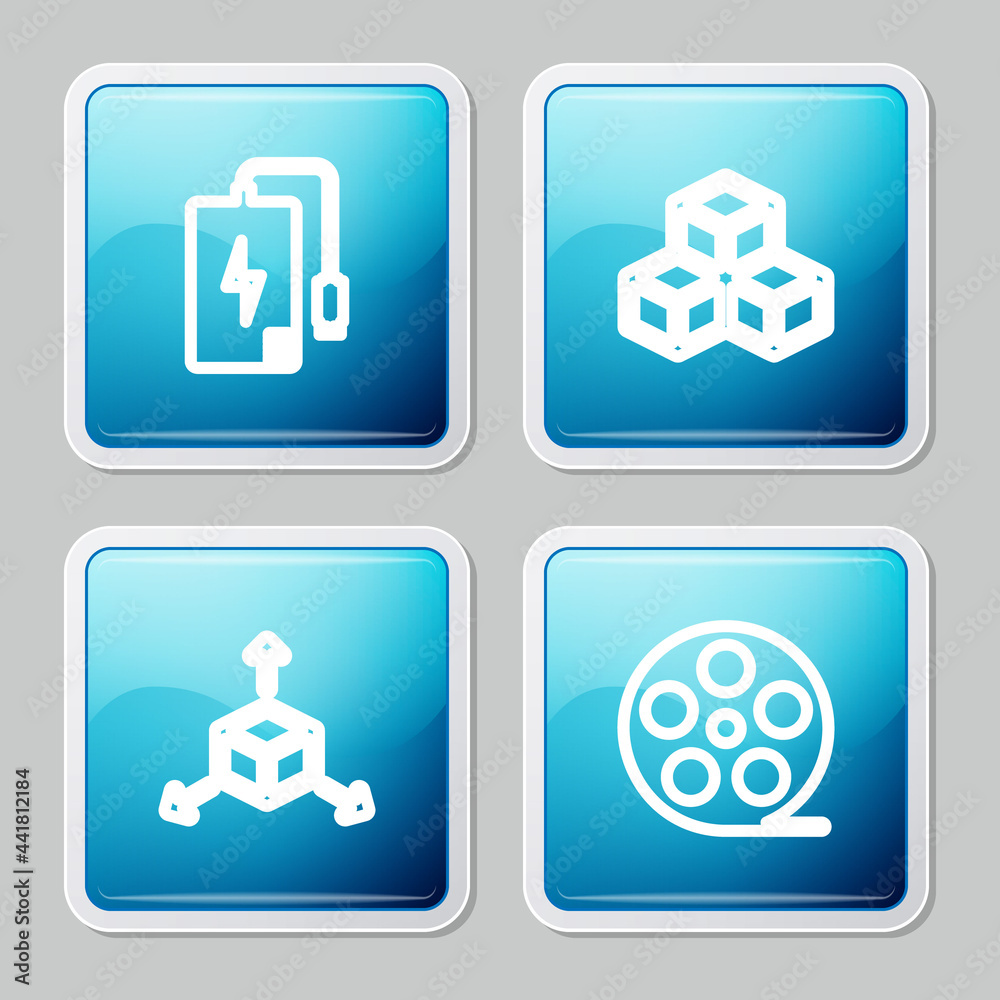 Set line Power bank, Isometric cube, and Film reel icon. Vector Set line Power bank, Isometric cube, and Film reel icon. Vector
