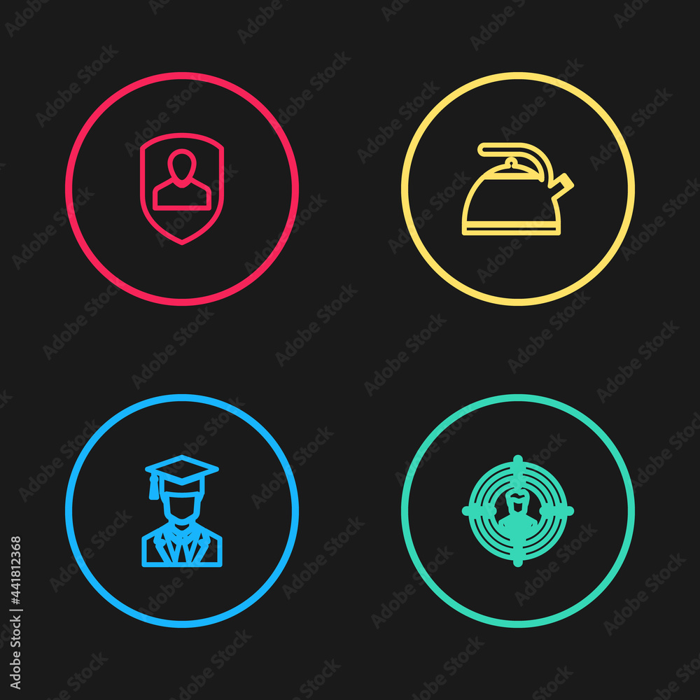 Set line Graduate with graduation cap, Head hunting, Kettle handle and User protection icon. Vector Set line Graduate with graduation cap, Head hunting, Kettle handle and User protection icon. Vector