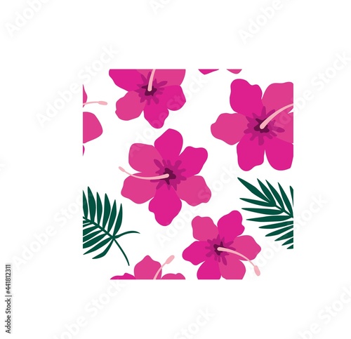 Summer, bright floral pattern, pink hibiscus flowers, and palm leaves, bright summer colors