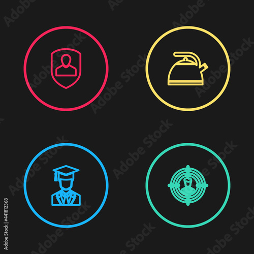 Set line Graduate with graduation cap, Head hunting, Kettle handle and User protection icon. Vector