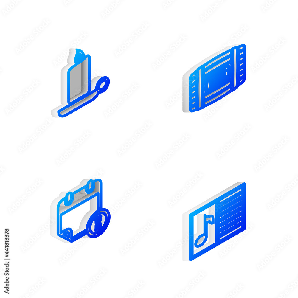 Set Isometric line Wooden barrel for wine, Burning candle candlestick, Calendar clock and Music book with note icon. Vector Set Isometric line Wooden barrel for wine, Burning candle candlestick, Calendar clock and Music book with note icon. Vector