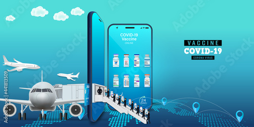 Vaccine on Mobile Application , Covid-19 vaccine Online on Website or smartphone as protection, healthcare concept, Vector illustration..