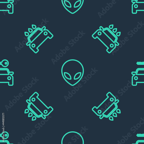 Set line Alien  Car wash and rental on seamless pattern. Vector