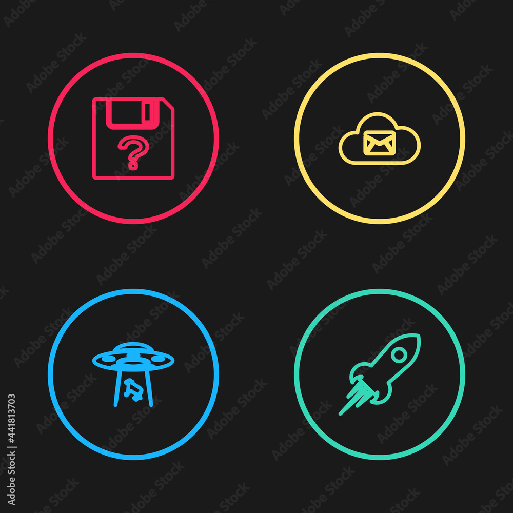 Set line UFO abducts cow, Rocket ship with fire, Cloud mail server and Unknown document icon. Vector Set line UFO abducts cow, Rocket ship with fire, Cloud mail server and Unknown document icon. Vector