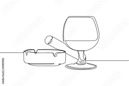 Continuous one line of glass of whisky and cigar in an ashtray in silhouette on a white background. Linear stylized.Minimalist.
