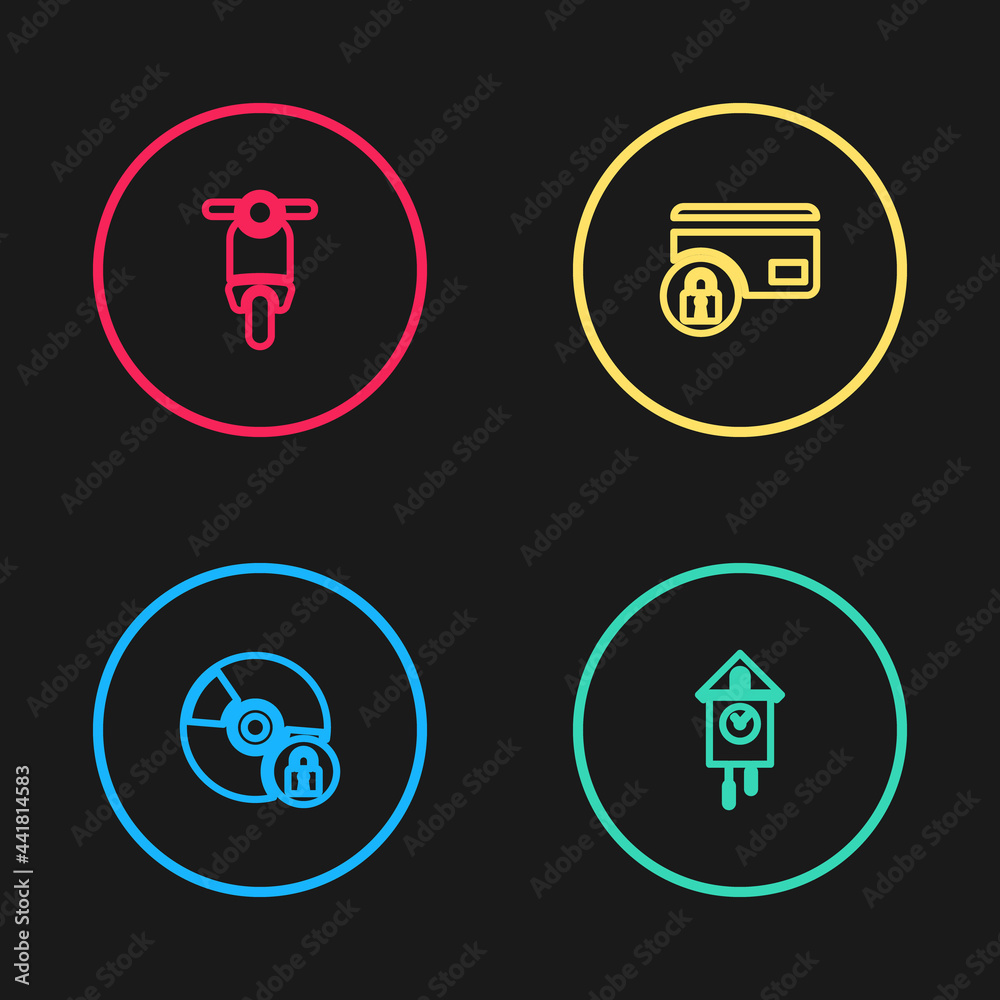 Set line CD or DVD disk with lock, Retro wall watch, Credit card and Scooter icon. Vector