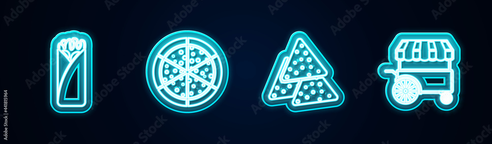 Set line Burrito, Pizza, Nachos and Fast street food cart. Glowing neon icon. Vector Set line Burrito, Pizza, Nachos and Fast street food cart. Glowing neon icon. Vector