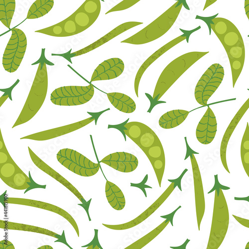 Green peas and beans pattern. Flat hand drawn vegetable seamless print for market, cafe or kitchen. Fresh green beans, juicy summer salad texture.