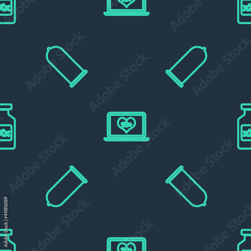 Set line Laptop with 18 plus content, Condom safe sex and Bottle pills for potency on seamless pattern. Vector