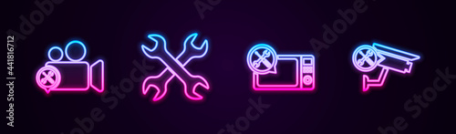 Set line Video camera service, Crossed wrenchs, Microwave oven and Security. Glowing neon icon. Vector