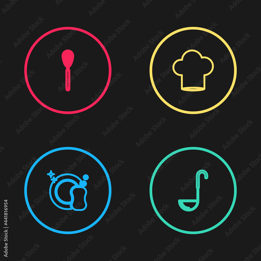 Set line Washing dishes, Kitchen ladle, Chef hat and whisk icon. Vector Set line Washing dishes, Kitchen ladle, Chef hat and whisk icon. Vector