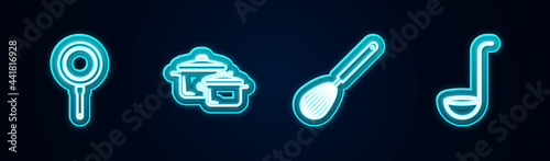 Set line Frying pan, Cooking pot, Kitchen whisk and ladle. Glowing neon icon. Vector