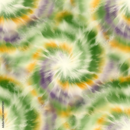 Seamless spiral tie dye pattern for surface design print. High quality illustration. Funky psychedelic pastel swirl. Artistic vibrant faded and creased ink or dye in fabric. Faux digitally designed.