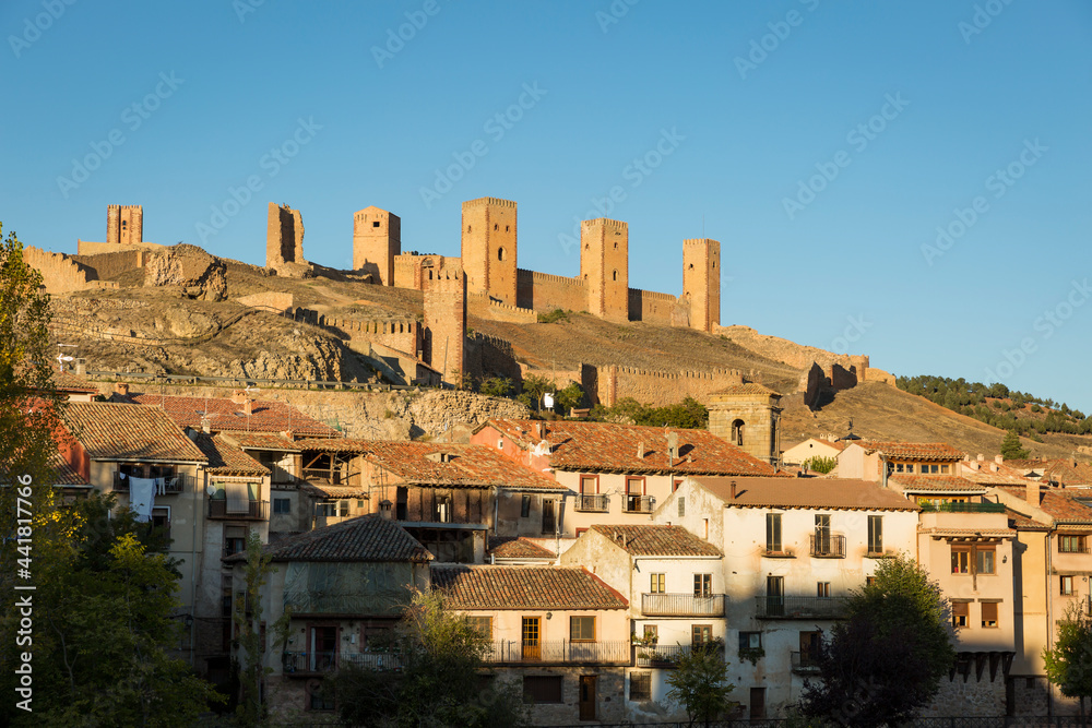 a view of Molina de Aragon and the castle (Medieval alcazar) at sunset, province of Guadalajara, Castile-La Mancha, Spain