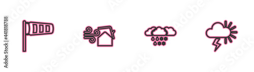 Set line Cone meteorology windsock wind vane, Cloud with snow and rain, Tornado swirl and Storm icon. Vector