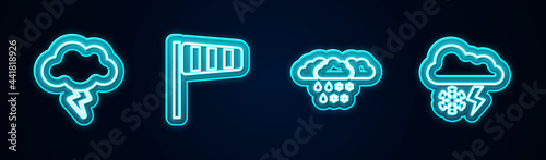 Set line Storm, Cone windsock wind vane, Cloud with snow and rain and lightning. Glowing neon icon. Vector