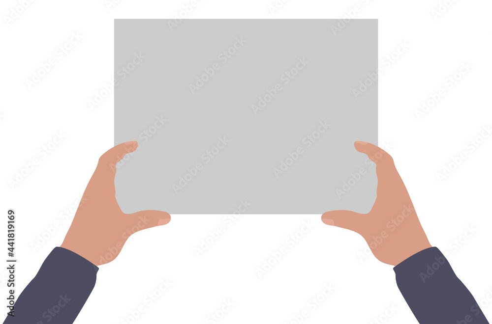 Two male hands holding empty banner, copy space for text. Vector illustration Two male hands holding empty banner, copy space for text. Vector illustration