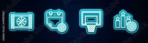 Set line Basketball game video, on sport calendar, backboard and Sports winner podium. Glowing neon icon. Vector
